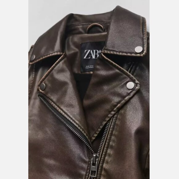 Zara Women XL Faux Leather Distressed Biker Jacket Charcoal Vegan Motorcycle - Picture 8 of 15